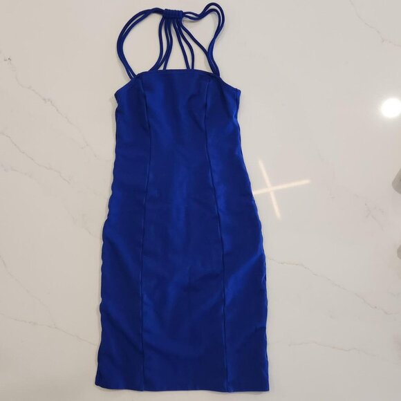 Divided H&M Sz 2 XS Fitted Bodycon Mini Dress Unique Straps Club Electric Blue - Picture 4 of 10